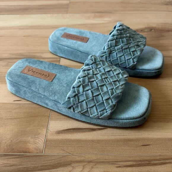 Anthropologie Vicenza Intertwined Slide Platform Sandals Blue Resort Summer Sz 9 - Picture 1 of 4